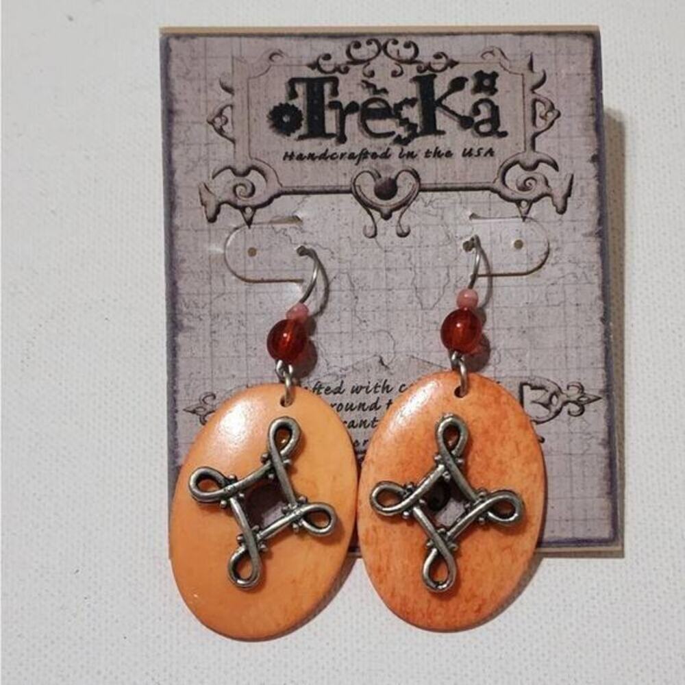 Treska Handcrafted Orange Oval Drop Earrings Silver Knot Detail Boho USA Made